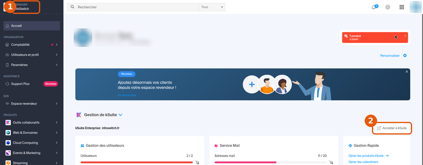 Accueil du Manager avec le nom de l'organisation et le bouton Accéder à kSuite