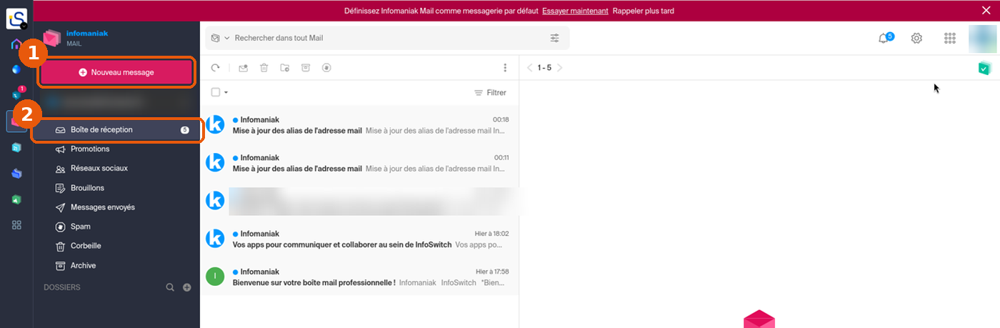 Webmail Mail dans kSuite avec le bouton Nouveau message et la Boîte de réception