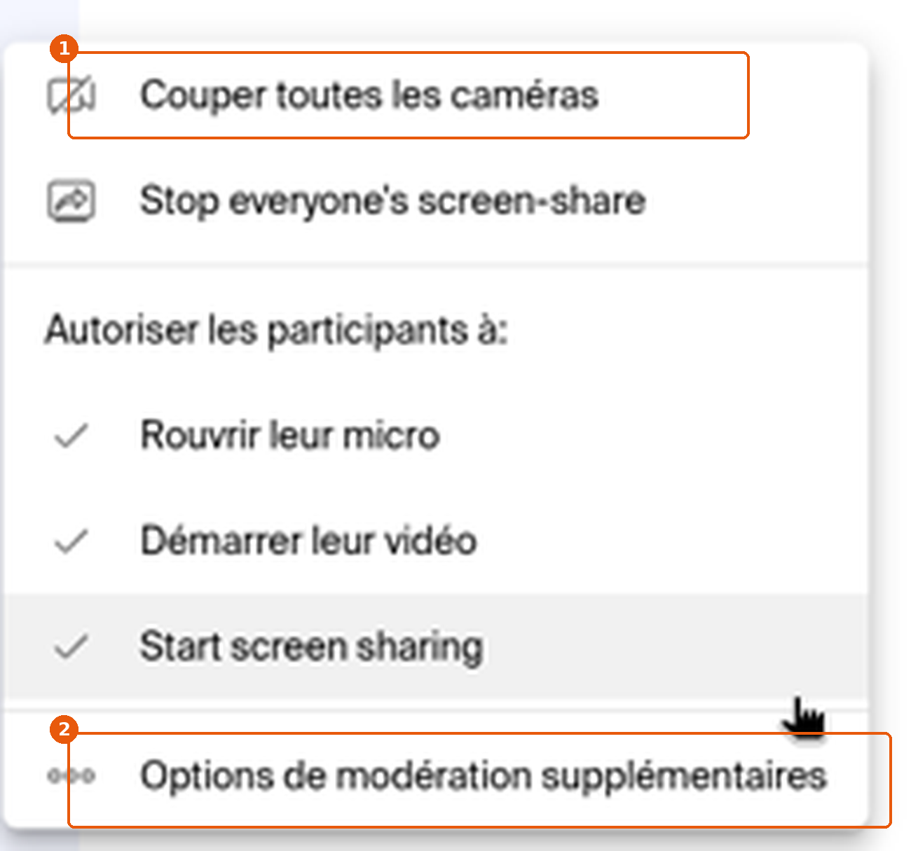 Menu de modération avec Couper toutes les caméras et Options de modération supplémentaires encadrés