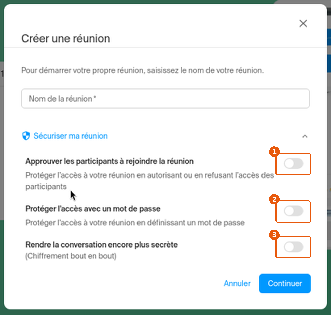 Options de Sécuriser ma réunion avec les trois bascules encadrées