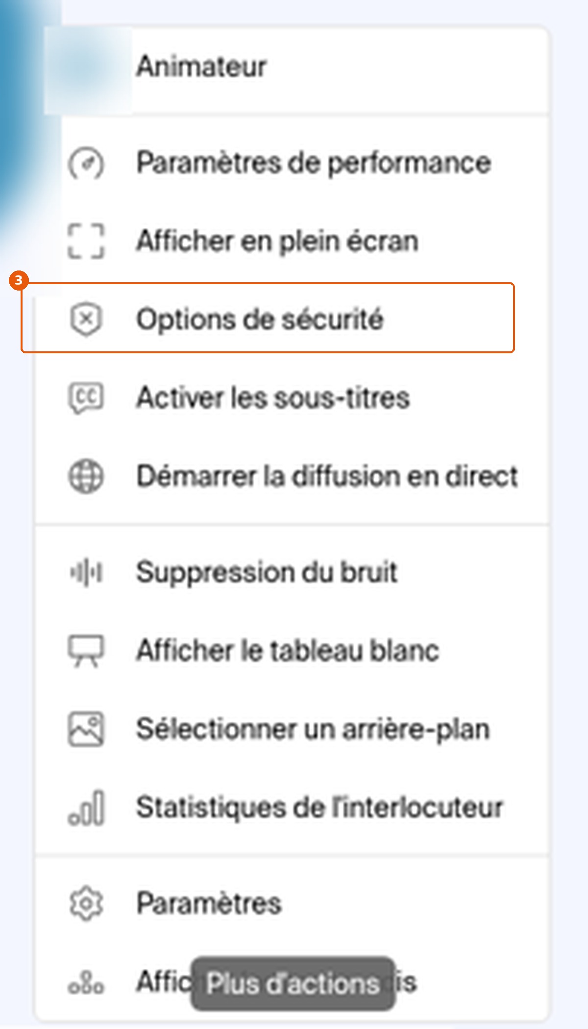 Menu Plus d'actions avec Options de sécurité encadré