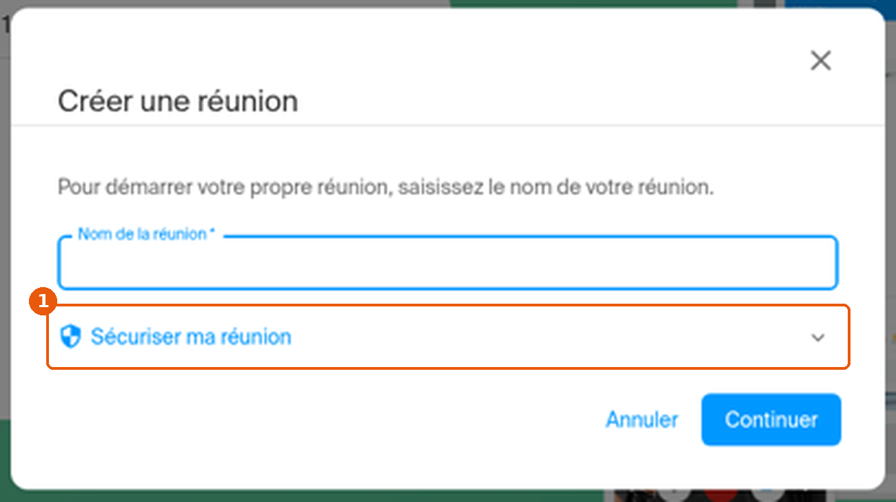 Fenêtre Créer une réunion avec Sécuriser ma réunion encadré