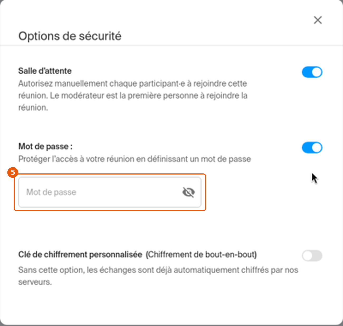 Champ Mot de passe affiché sous l'option Mot de passe activée