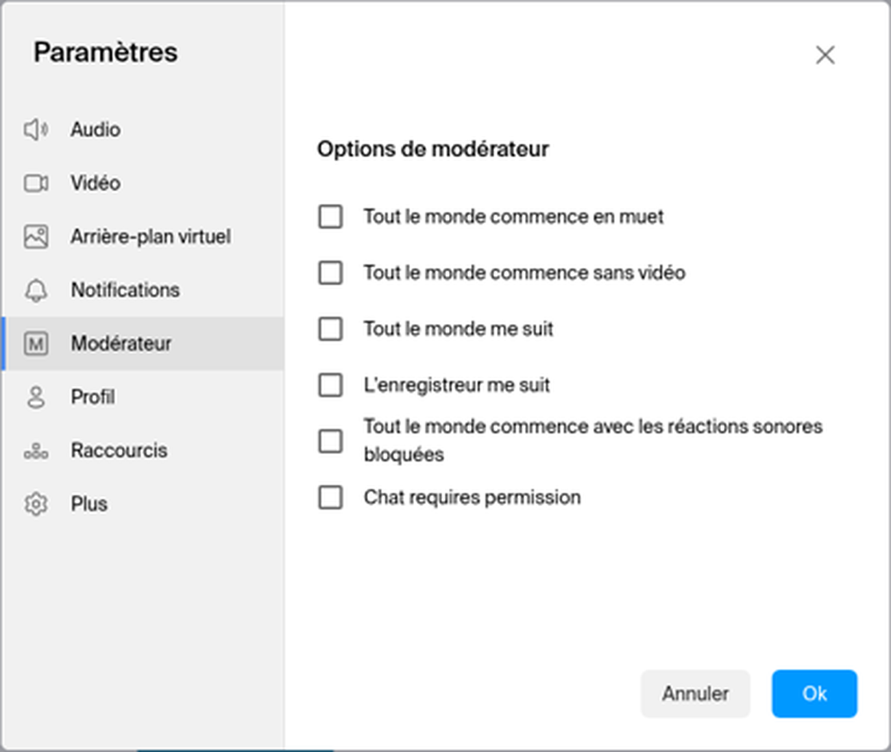 Paramètres, onglet Modérateur, avec la liste des options de modérateur