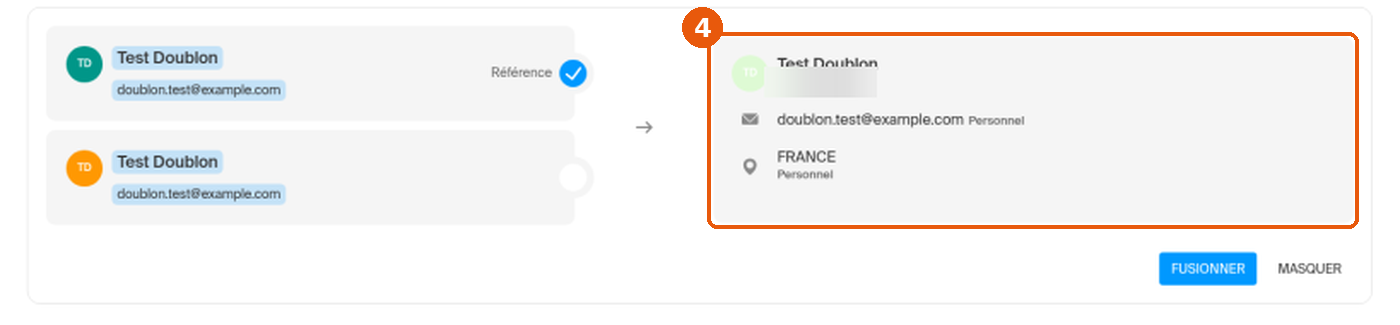 Aperçu de la fiche fusionnée encadré à droite du groupe de doublons