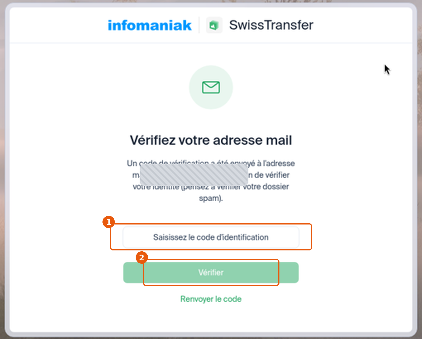 Écran Vérifiez votre adresse mail avec le champ du code et le bouton Vérifier