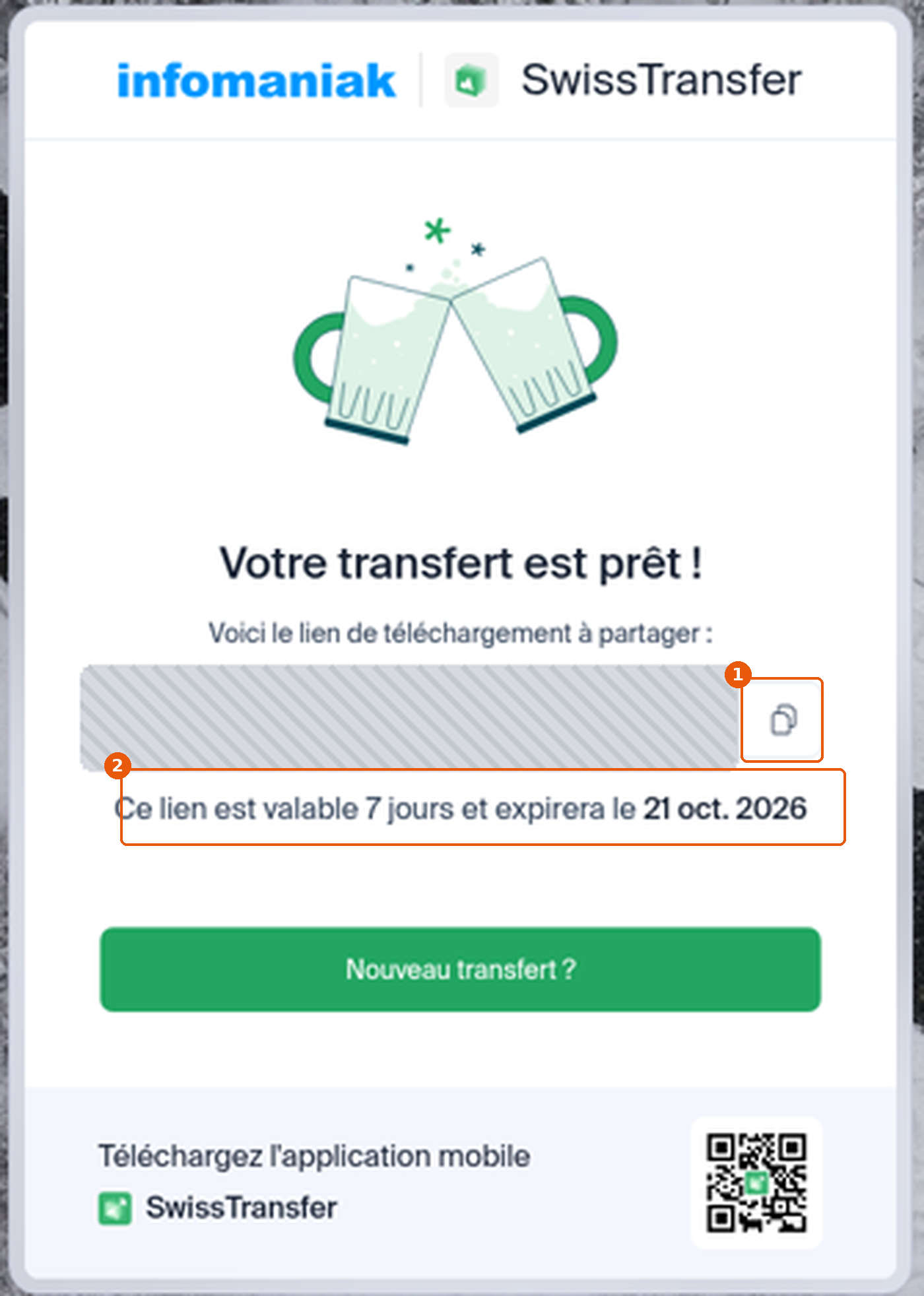 Page Votre transfert est prêt avec le lien masqué, l'icône de copie et la date d'expiration
