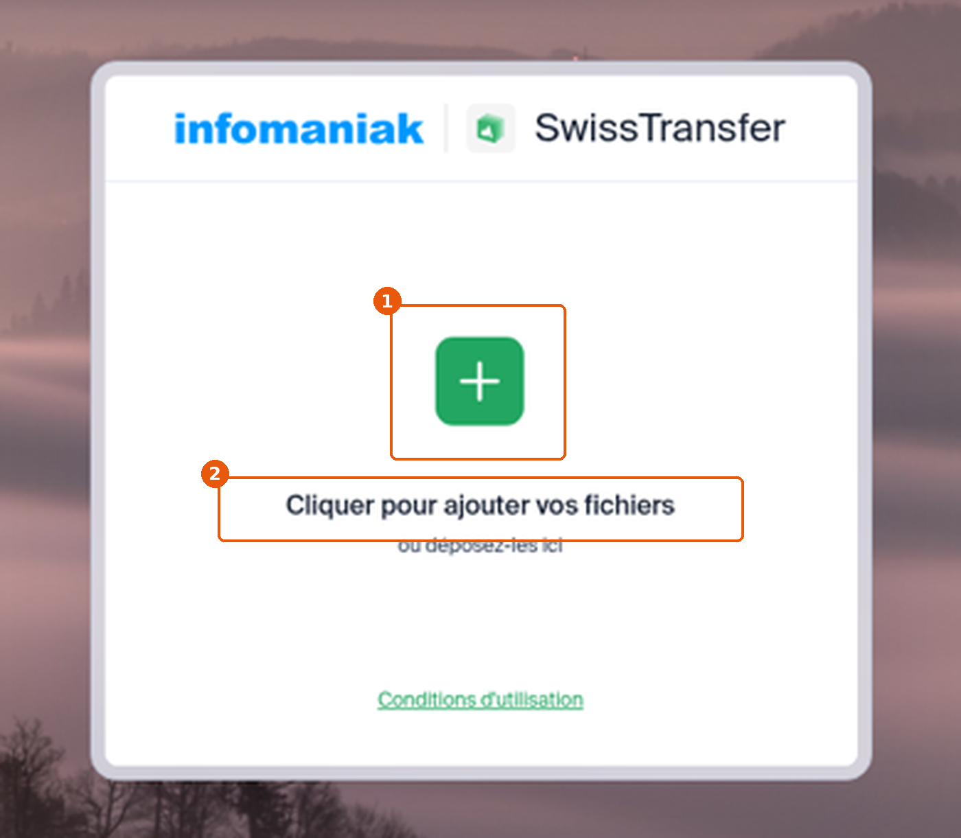 Zone Cliquer pour ajouter vos fichiers sur l'accueil de SwissTransfer