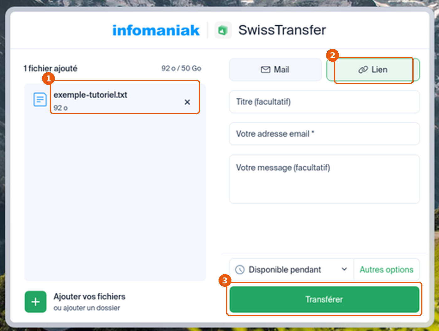 Panneau d'envoi avec le fichier ajouté, le mode Lien et le bouton Transférer