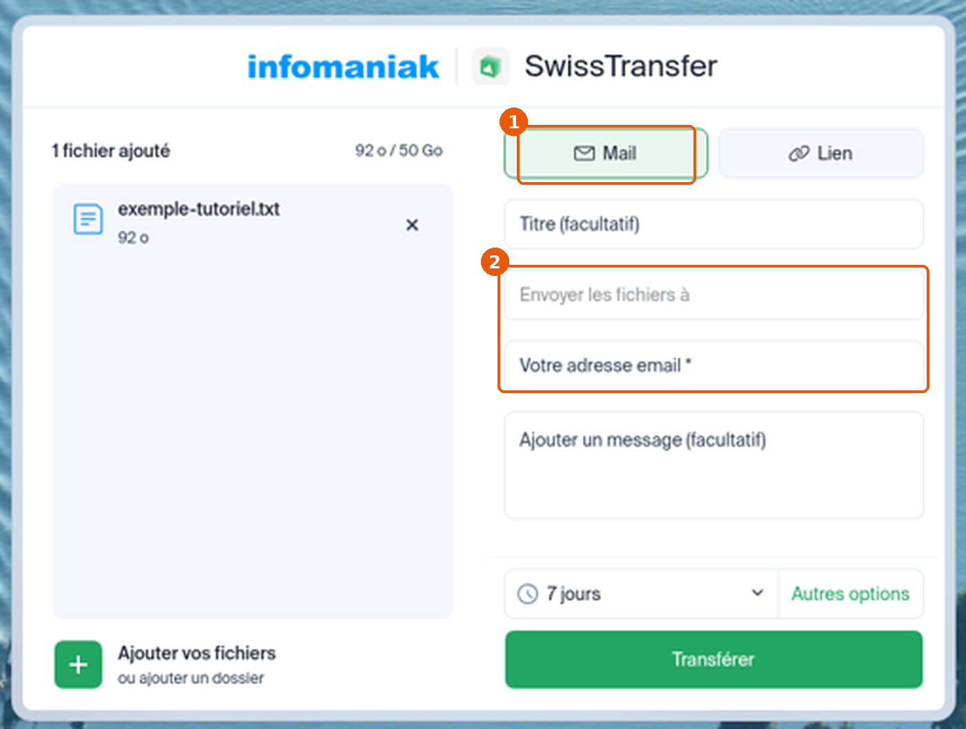 Mode Mail avec les champs Envoyer les fichiers à et Votre adresse email