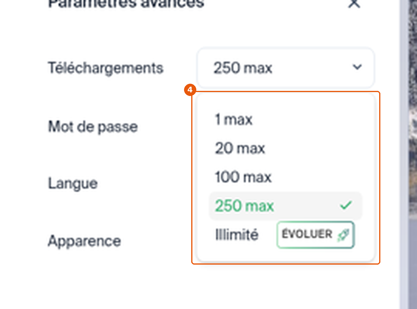 Liste Téléchargements : 1 max, 20 max, 100 max, 250 max et Illimité avec badge ÉVOLUER