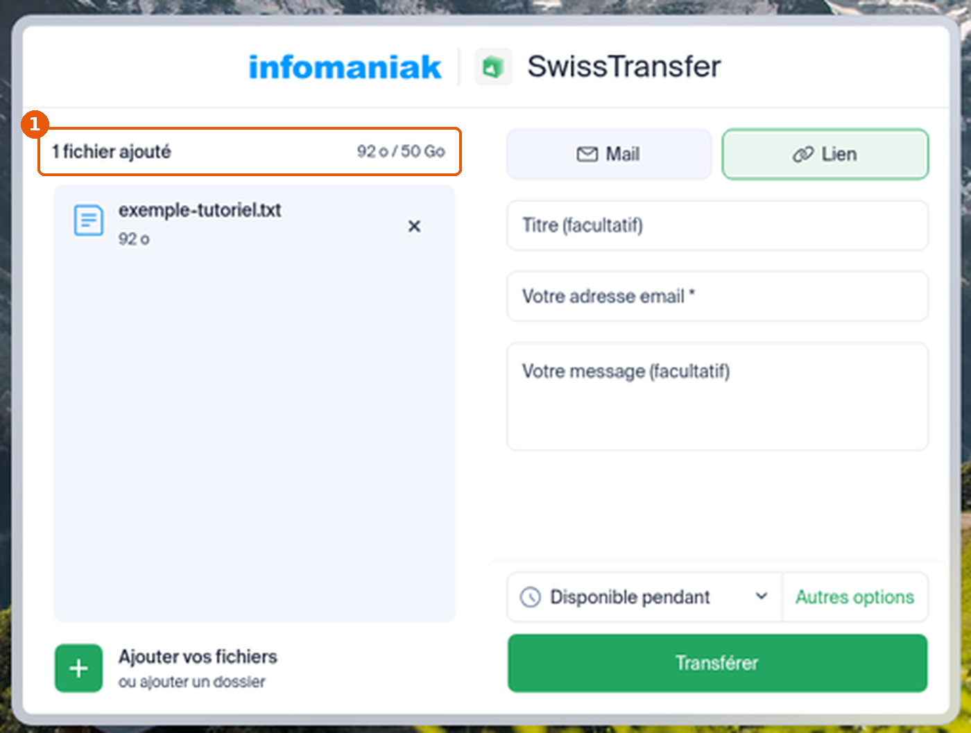 Compteur 92 o / 50 Go à côté de 1 fichier ajouté
