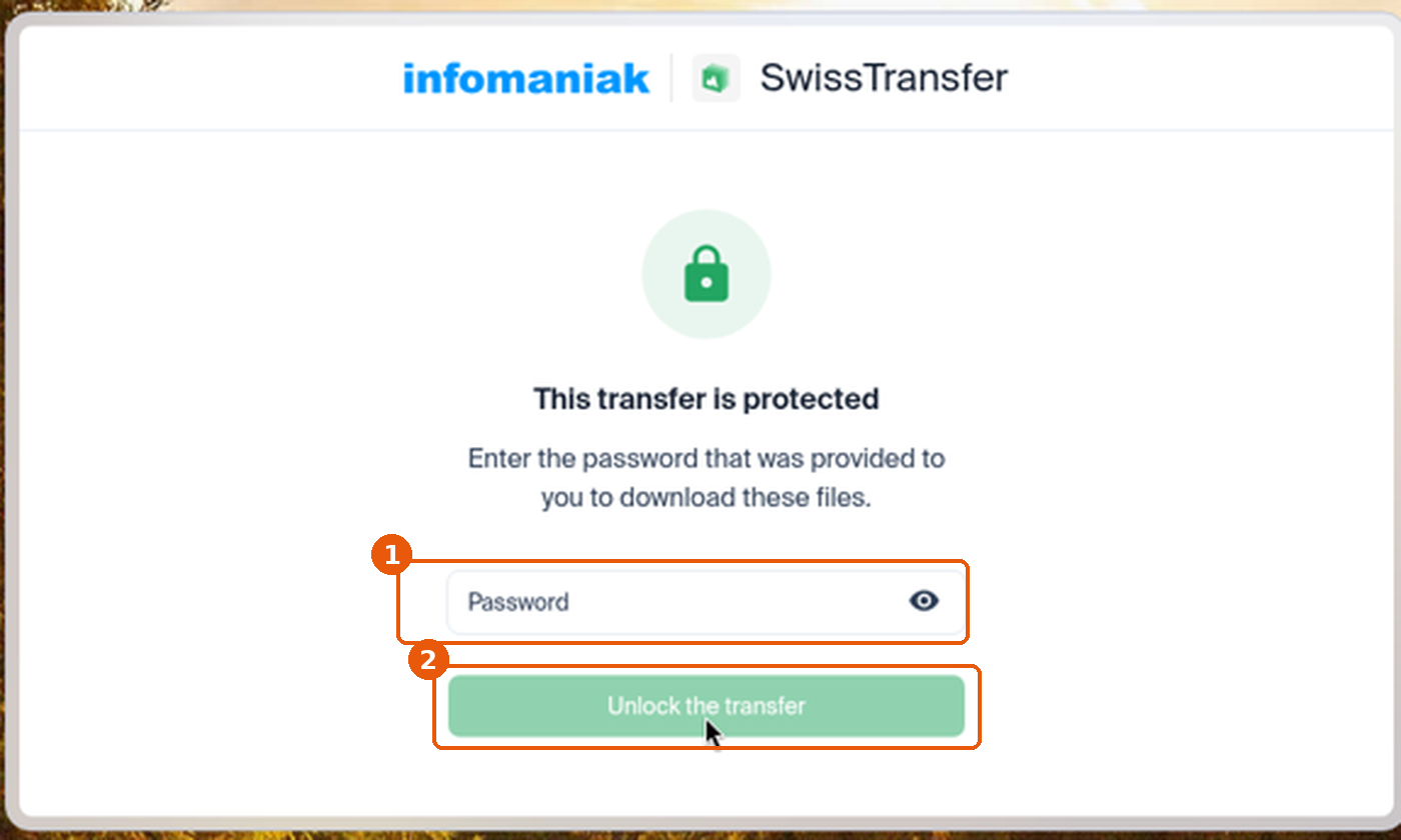 Page destinataire This transfer is protected avec le champ Password