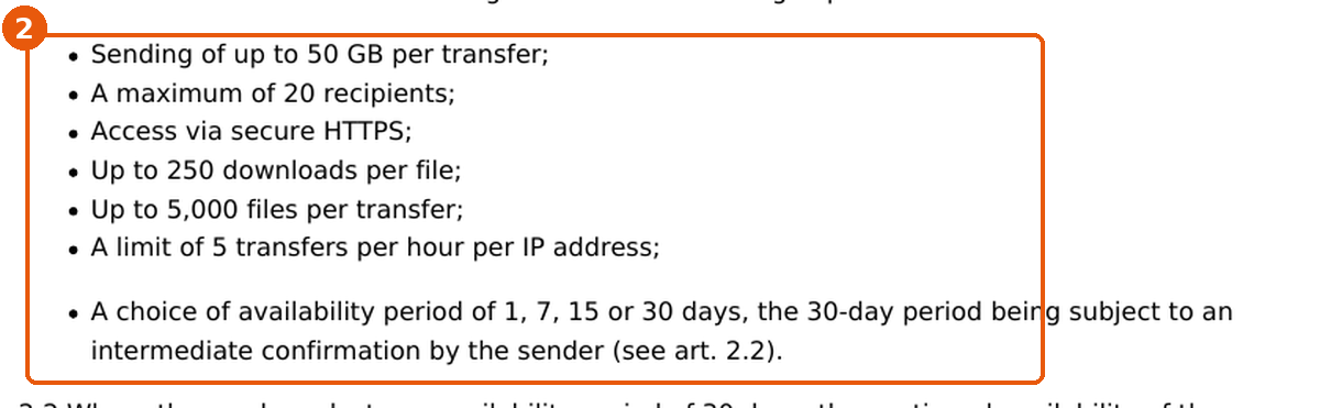Article 2.1 des conditions SwissTransfer listant les limites du service, encadré