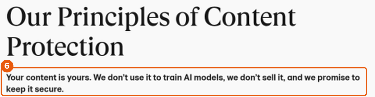 Principes de protection du contenu WeTransfer : phrase We don't use it to train AI models encadrée