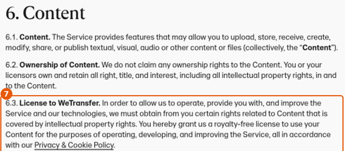 Clause 6.3 License to WeTransfer des conditions d'utilisation WeTransfer, encadrée