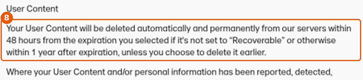 Politique de confidentialité WeTransfer : paragraphe sur la suppression des contenus après expiration, encadré