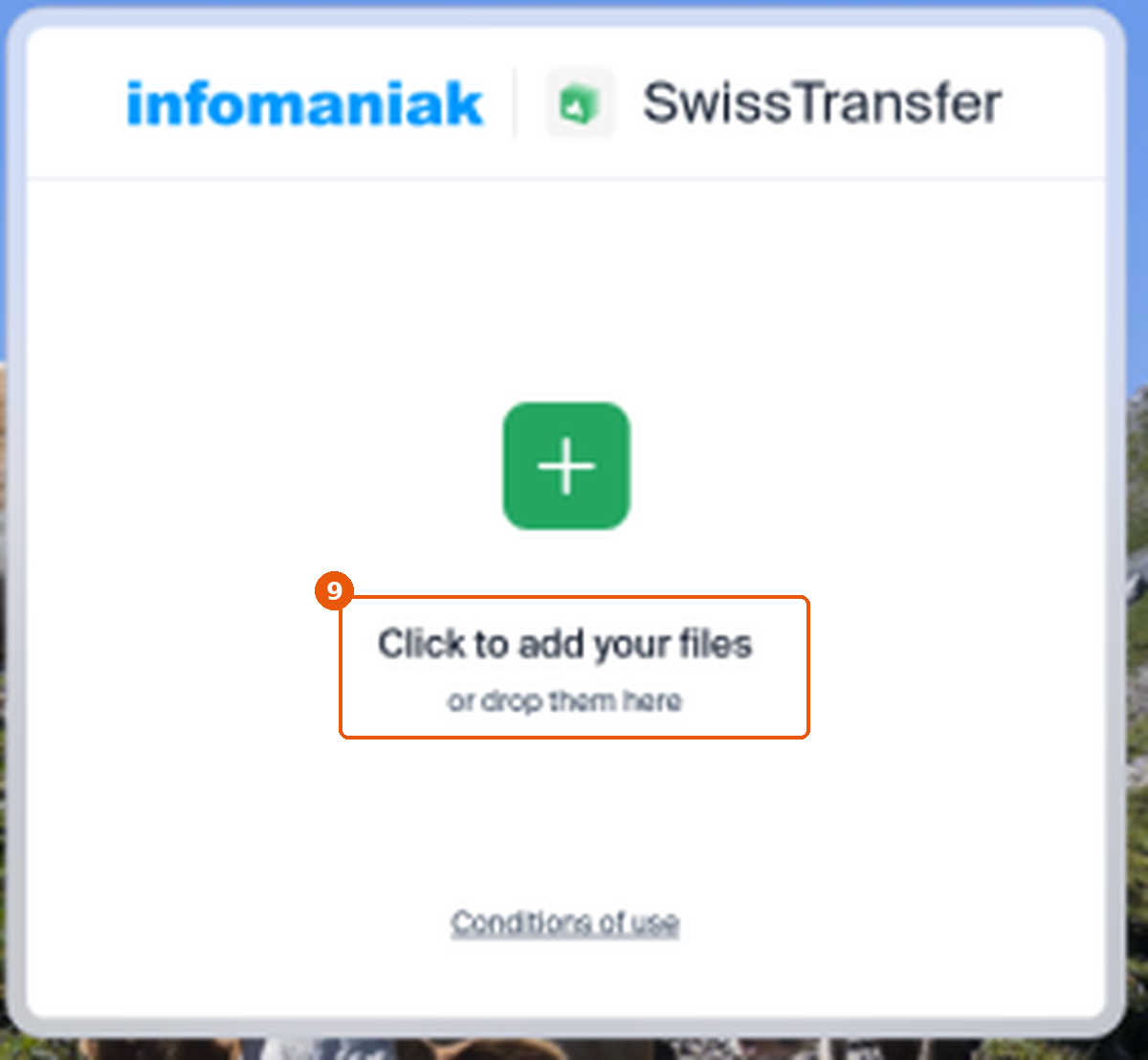 Écran d'envoi SwissTransfer avec la zone Click to add your files encadrée
