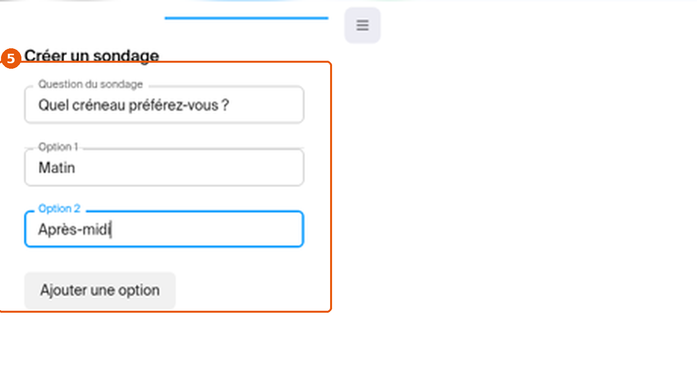 Formulaire Créer un sondage avec la question et deux options