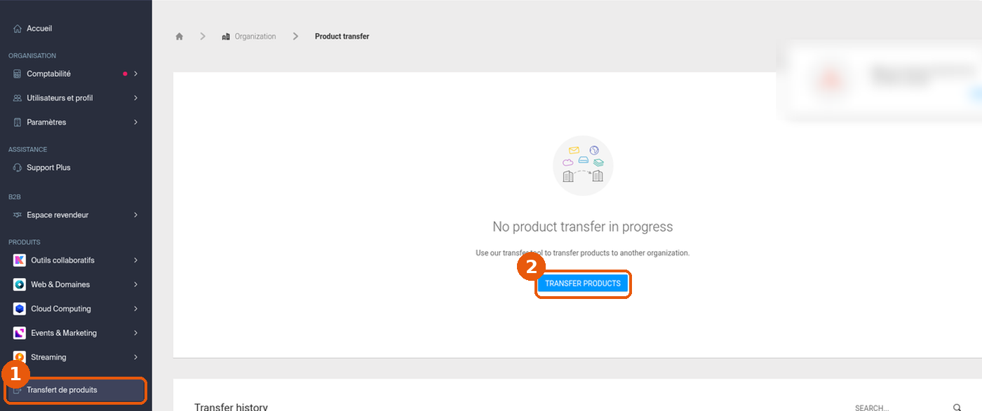 Manager Infomaniak : entrée Transfert de produits du menu de gauche et bouton TRANSFER PRODUCTS de la page Product transfer encadrés