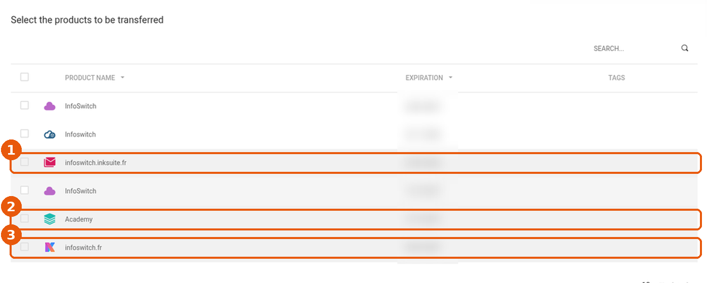Assistant de transfert, liste Select the products to be transferred : lignes dont la case est désactivée encadrées, dont la kSuite infoswitch.fr