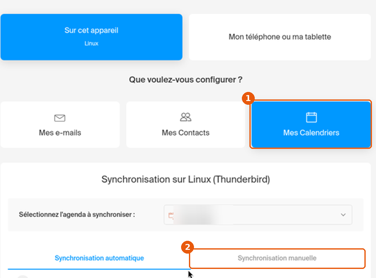 Tuile Mes Calendriers et onglet Synchronisation manuelle encadrés