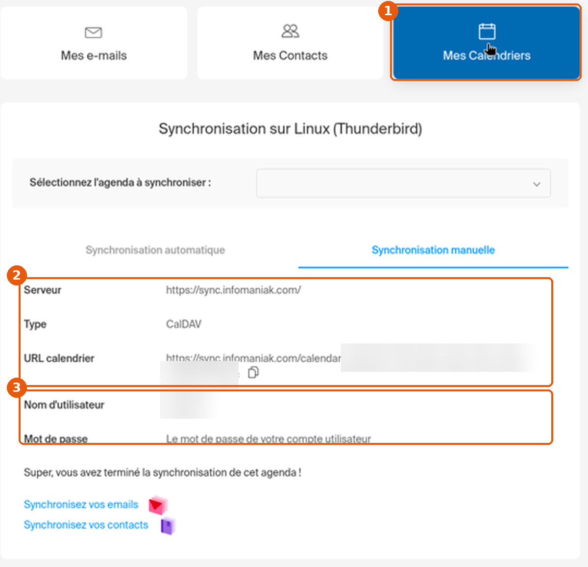 Tableau de synchronisation manuelle CalDAV avec l'URL et le nom d'utilisateur
