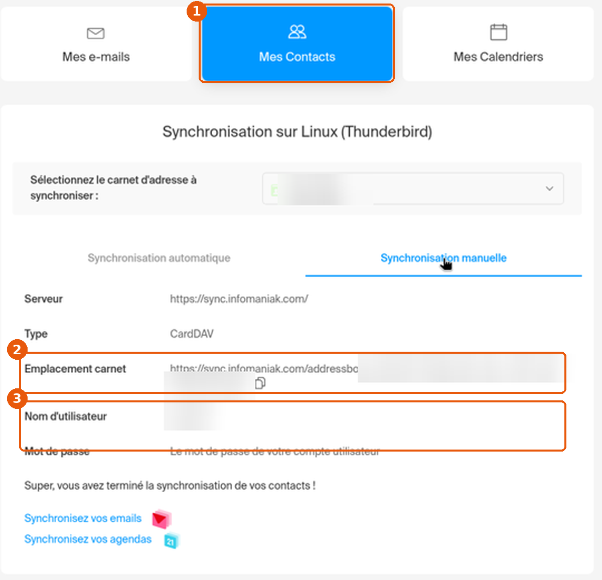 Tableau de synchronisation manuelle CardDAV avec l'emplacement du carnet