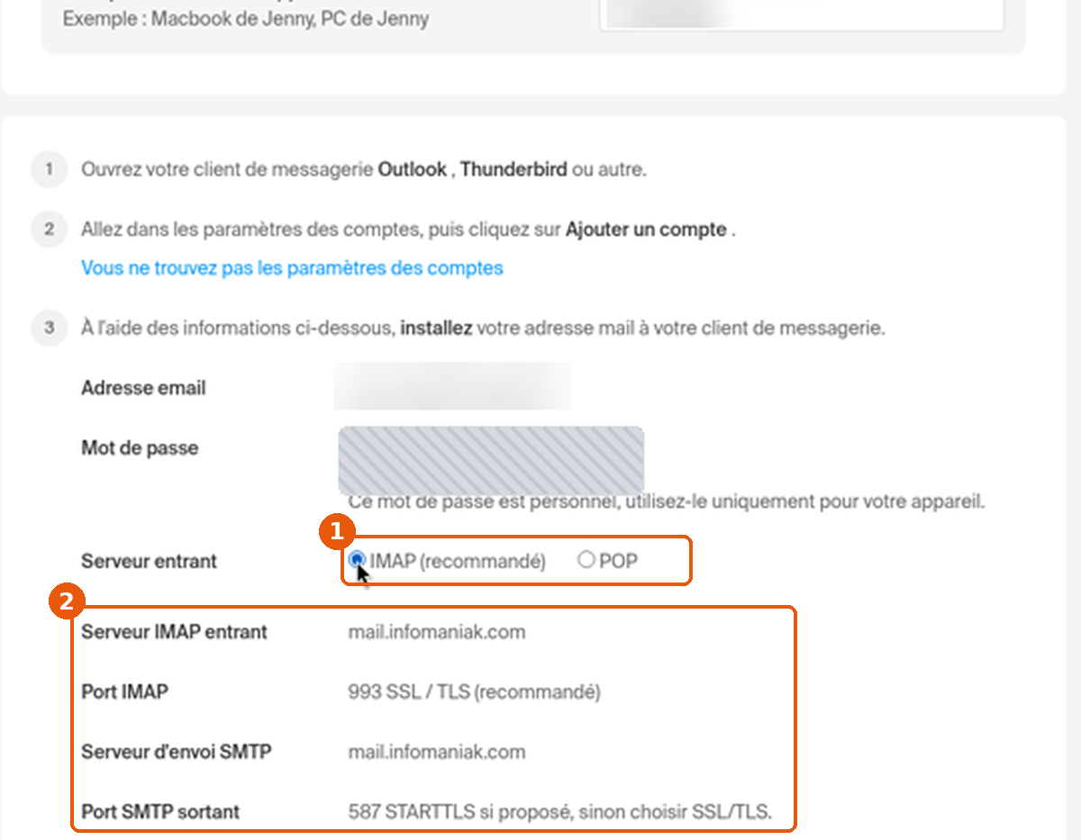 Paramètres IMAP et SMTP affichés par l'assistant