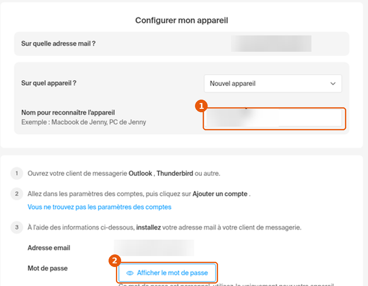 Formulaire avec le nom de l'appareil et le bouton Afficher le mot de passe encadrés
