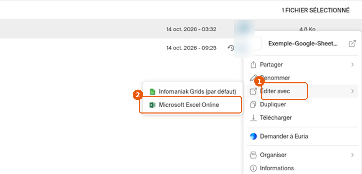 Menu Éditer avec : Infomaniak Grids (par défaut) et Microsoft Excel Online