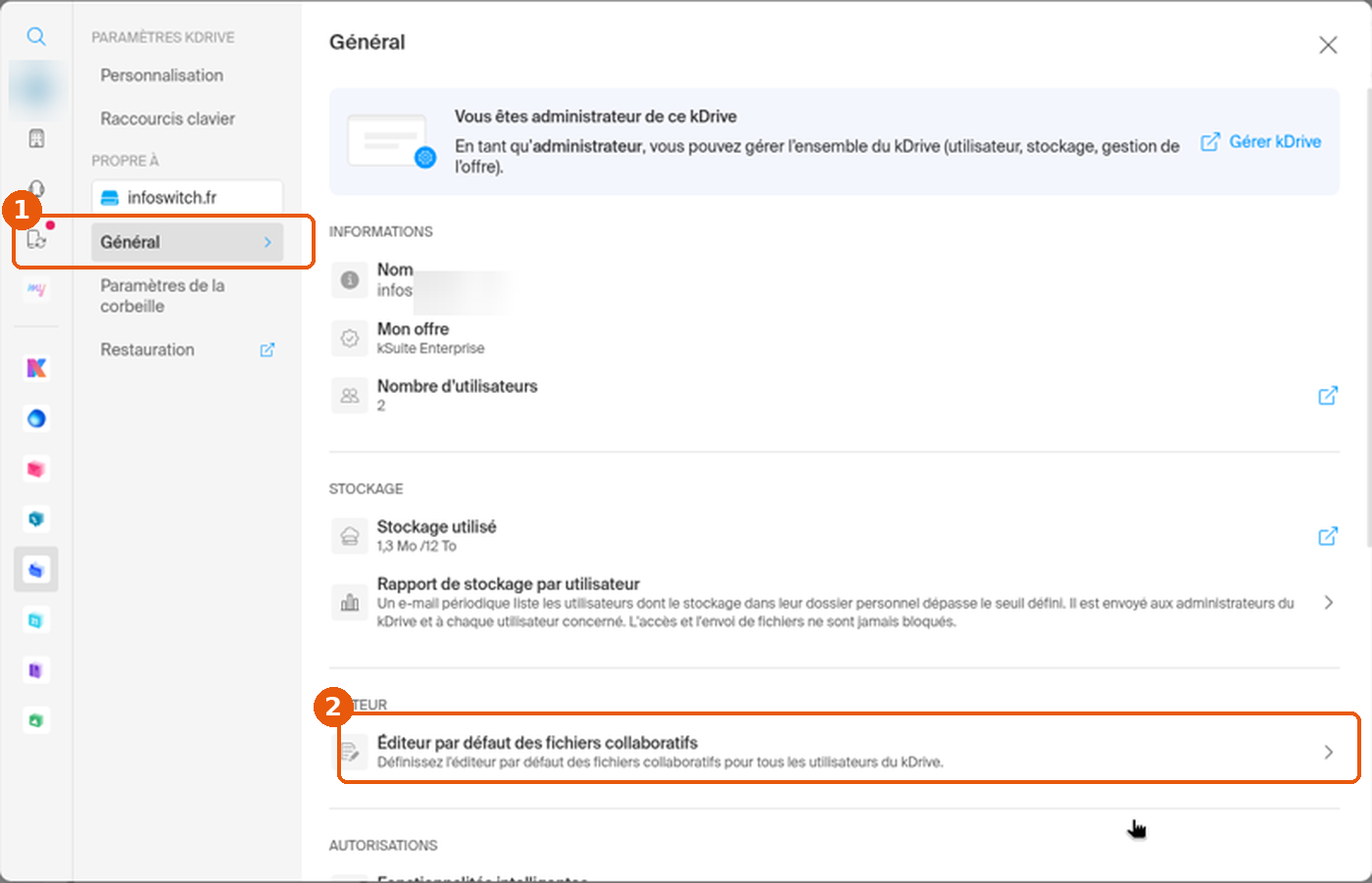 Paramètres kDrive, rubrique Général et Éditeur par défaut des fichiers collaboratifs