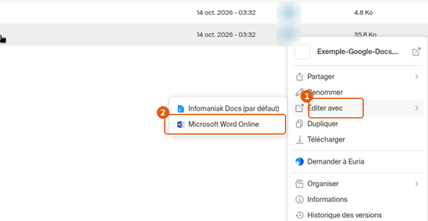 Menu Éditer avec : Infomaniak Docs (par défaut) et Microsoft Word Online
