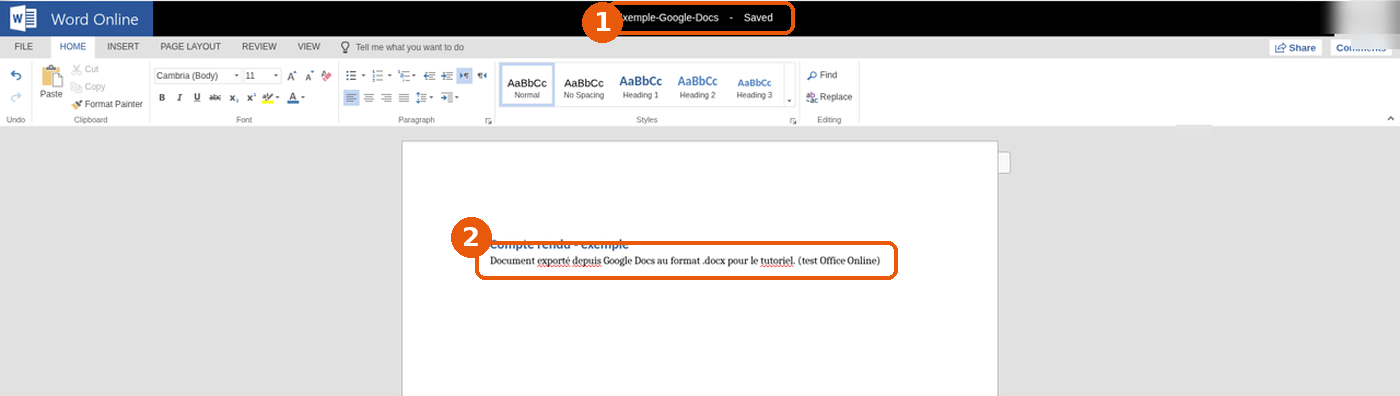 Word Online avec le statut Saved et le texte modifié