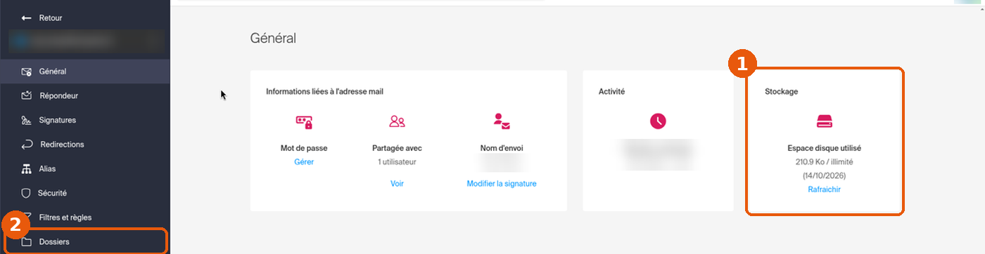 Paramètres de l'adresse, page Général : carte Stockage et entrée Dossiers encadrées