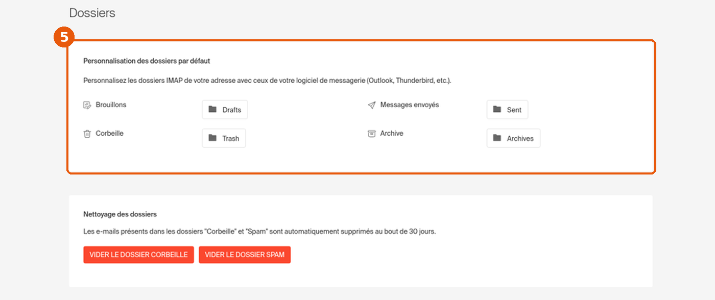 Page Dossiers : correspondance des dossiers par défaut Brouillons, Messages envoyés, Corbeille, Archive encadrée