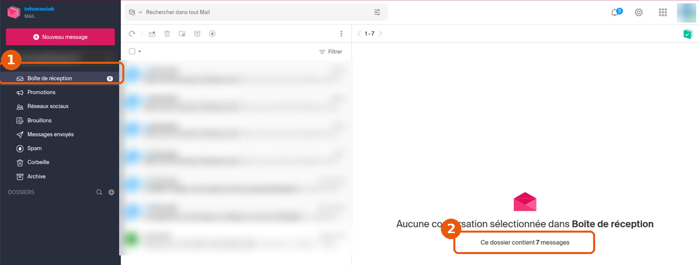 Mail Infomaniak : dossier Boîte de réception sélectionné et mention Ce dossier contient N messages encadrés
