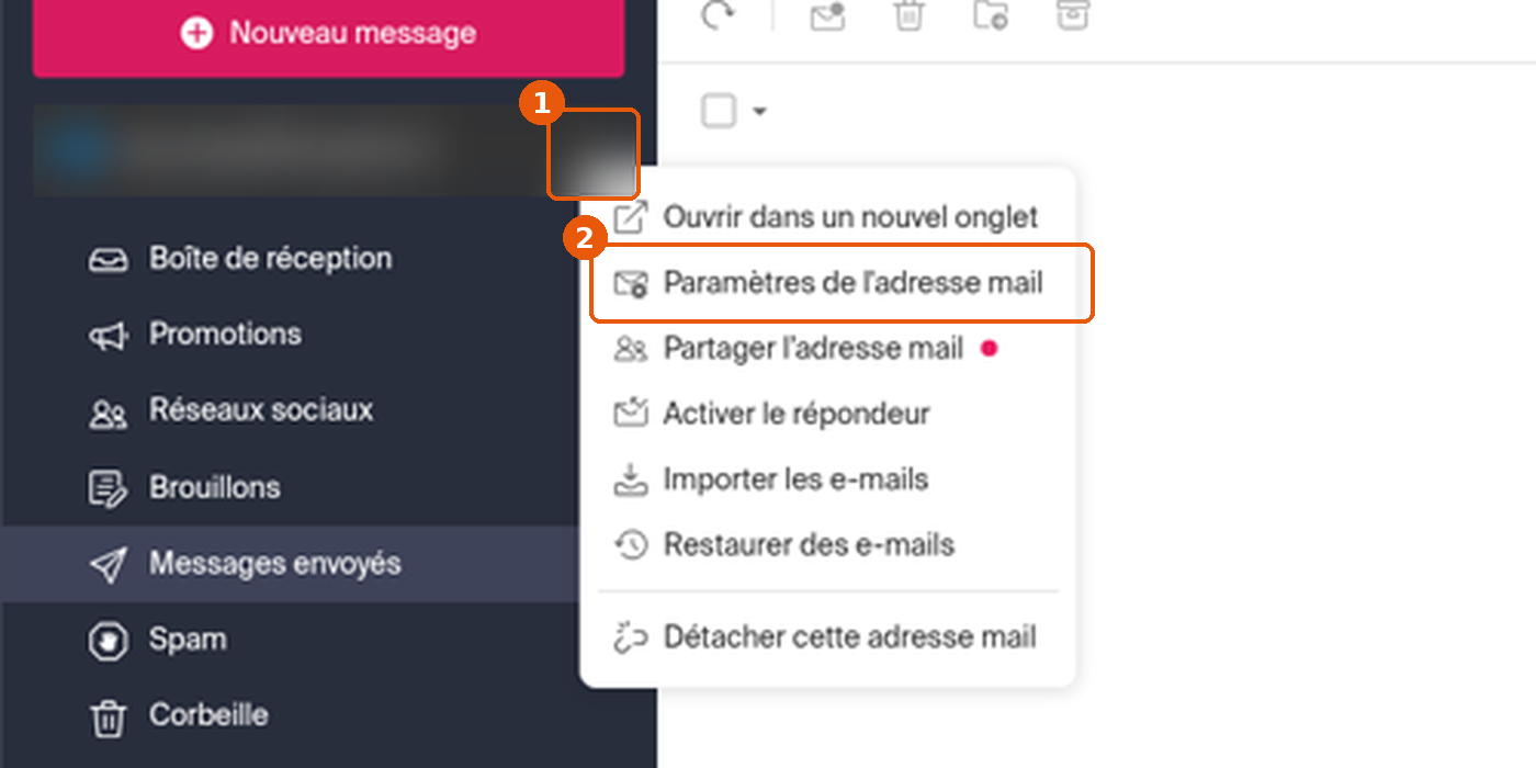 Menu trois points de l'adresse ouvert, entrée Paramètres de l'adresse mail encadrée