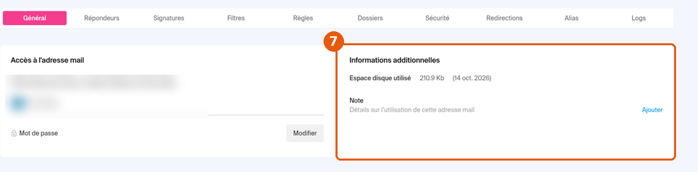 Manager, adresse mail onglet Général : carte Informations additionnelles avec l'espace disque utilisé encadrée