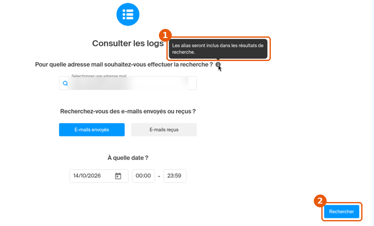 Page Consulter les logs : infobulle sur les alias et bouton Rechercher encadrés