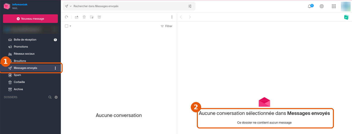 Dossier Messages envoyés sélectionné et mention du nombre de messages dans le panneau de lecture encadrés