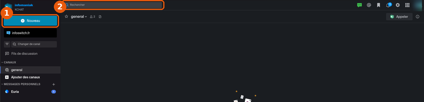 kChat avec le bouton Nouveau et la barre Rechercher encadrés