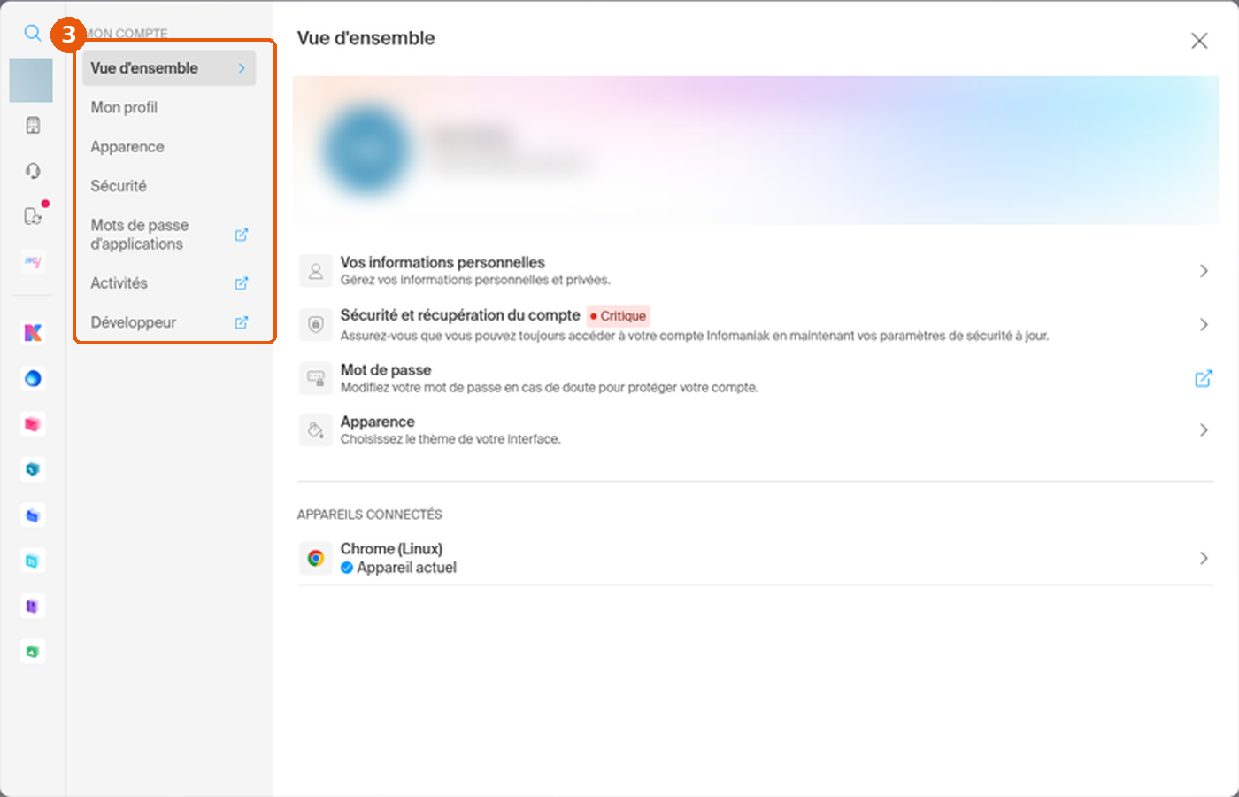 Fenêtre des paramètres, menu Mon compte encadré