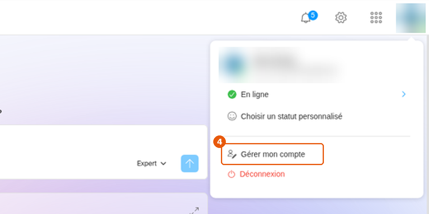Menu utilisateur ouvert, Gérer mon compte encadré