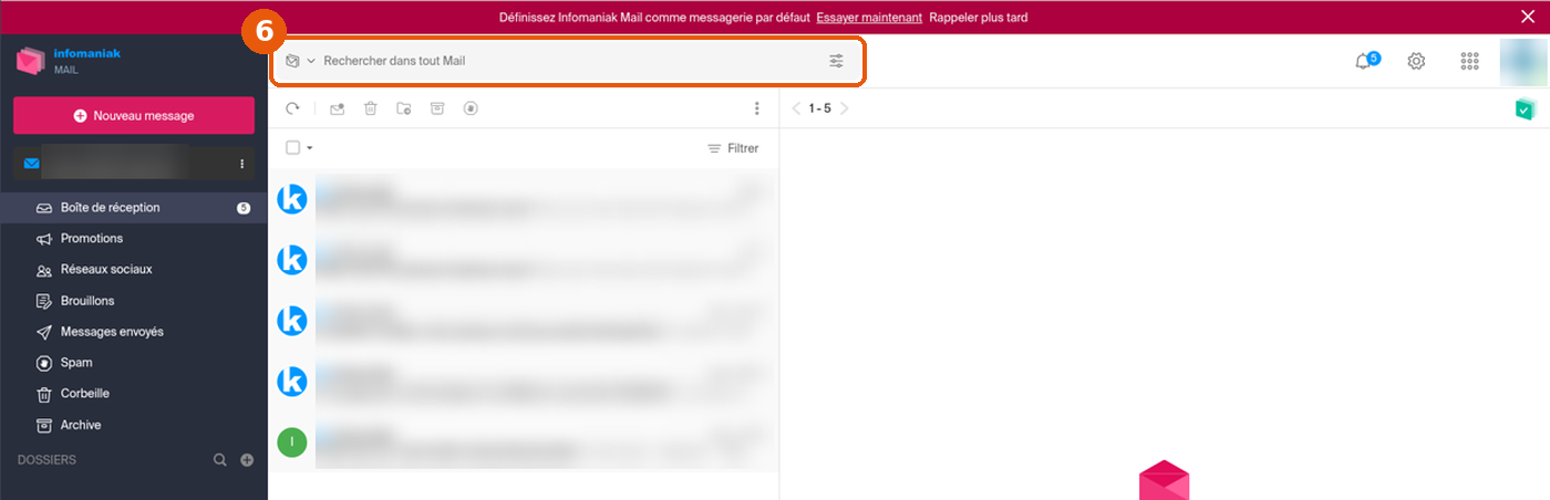 Mail avec la barre Rechercher dans tout Mail encadrée