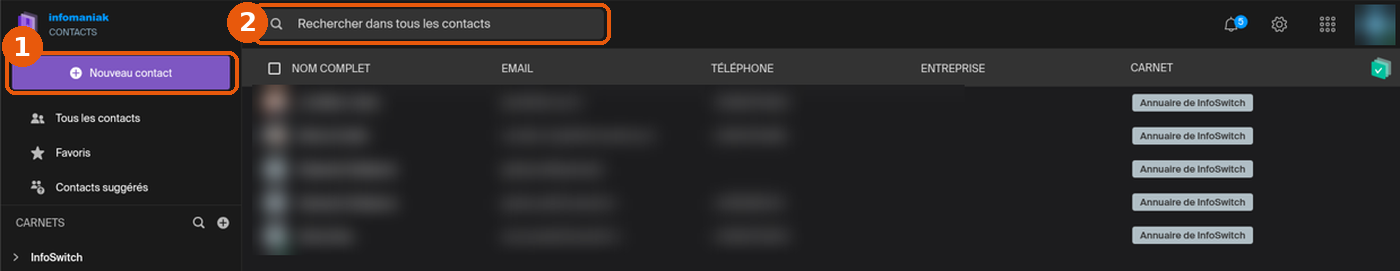 Contacts avec Nouveau contact et la barre de recherche encadrés