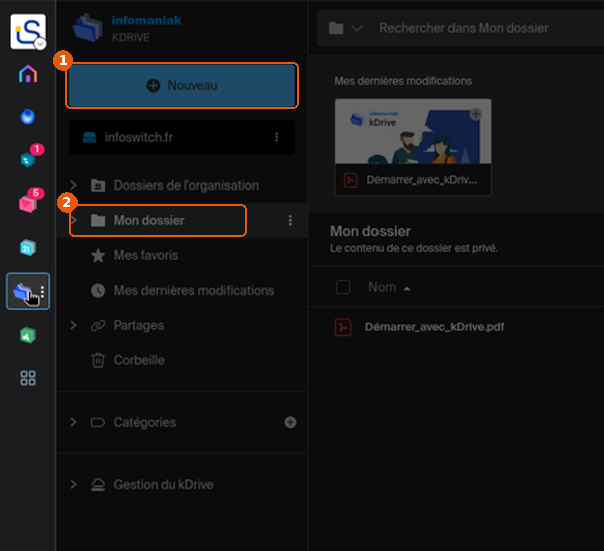 kDrive avec le bouton Nouveau et Mon dossier encadrés